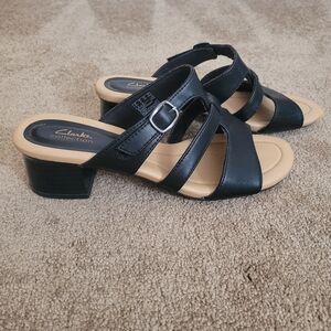 clarks collection ultimate comfort black heeled sandals with adjustable strap